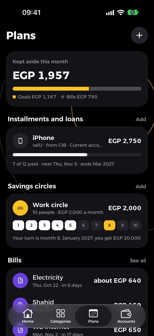 Plans: an installment, a savings circle and bills